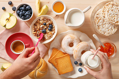 High angle view of breakfast on table