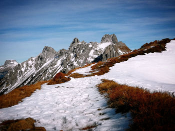 Scenic view of snowcapped mountains against sky