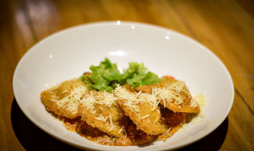 Close-up of food in plate on table