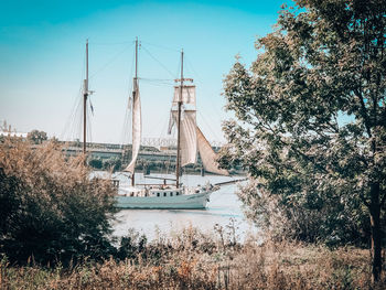 Sailboats on riverbank against sky