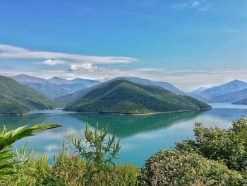 Scenic view of lake and mountains against sky