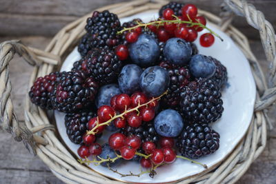 High angle view of strawberries in basket on table