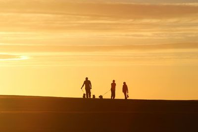 Silhouette people with dogs on field during sunset