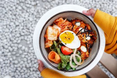 High angle view of breakfast served in bowl