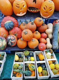 High angle view of pumpkins for sale at market