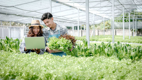 Full length of woman using mobile phone while standing in greenhouse