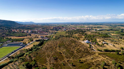 High angle view of buildings against sky