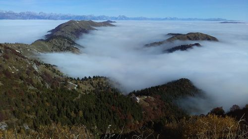 Panoramic view of sea and mountains against sky