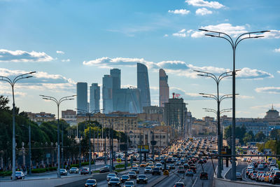 View of the skyscraper financial district of moscow city with the infamous moscow traffic