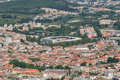 High angle view of townscape against buildings in town
