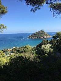 Scenic view of sea against clear blue sky