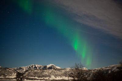 Green aurora above snowy mountains