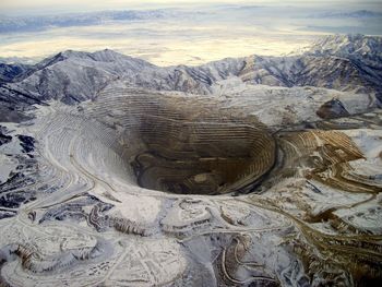 High angle view of bingham canyon open pit copper mine at sunset