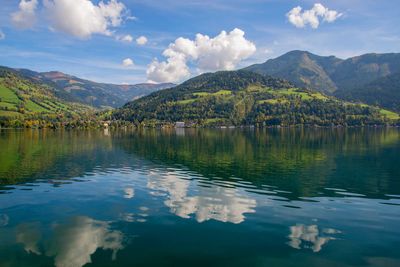 Scenic view of lake by mountains against sky