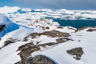 Scenic view of snowcapped mountains against sky