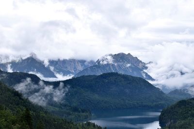 Scenic view of mountains against cloudy sky