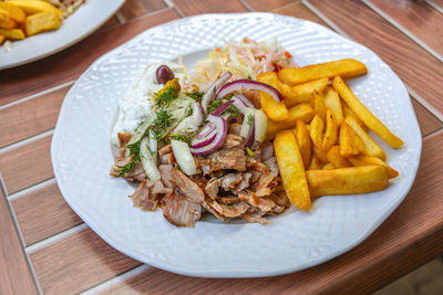 High angle view of food in plate on table