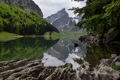 Scenic view of lake and mountains against sky