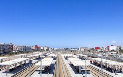 High angle view of railroad station against clear blue sky