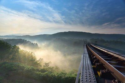 High angle view of railroad tracks by trees against sky