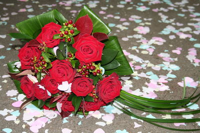 High angle view of rose bouquet on table