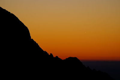 Scenic view of silhouette mountains against orange sky