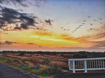 Scenic view of landscape against sky at sunset