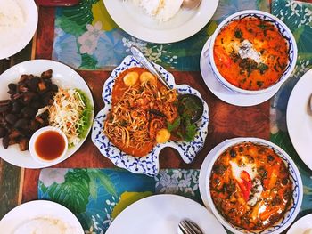 High angle view of food served on table