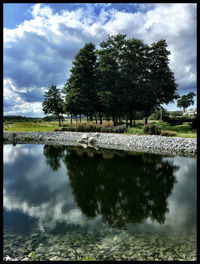 Scenic view of lake against cloudy sky