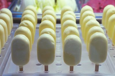 Close-up of ice cream arranged at stall