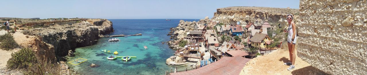High angle view of beach against clear sky