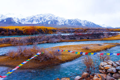 Scenic view of lake by snowcapped mountains against sky