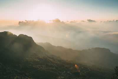 Scenic view of mountains against sky during sunset