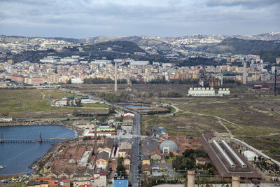 High angle view of buildings in city