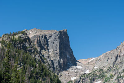 Low angle landscape of trees and jagged mountain tops in rocky mountain national park in colorado