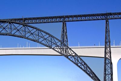 Low angle view of bridge against clear blue sky