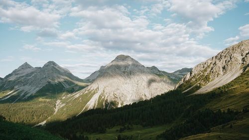 Scenic view of mountains against cloudy sky