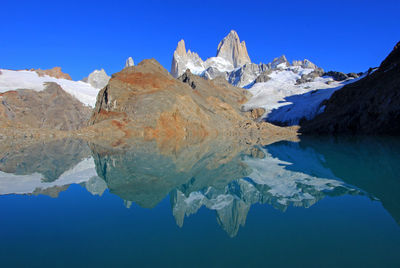 Scenic view of lake and mountains against clear blue sky