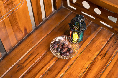 High angle view of an animal on wooden table