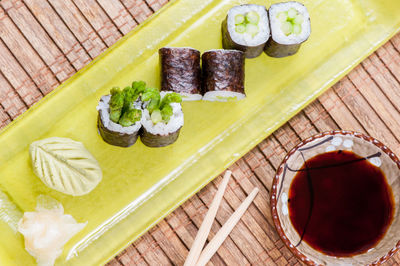 High angle view of sushi in plate