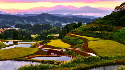 Scenic view of landscape and mountains against sky