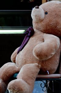 Close-up of a large teddy bear sitting on a chair