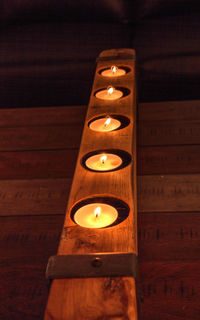 Close-up of illuminated candles on table