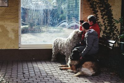 Man with dog on window