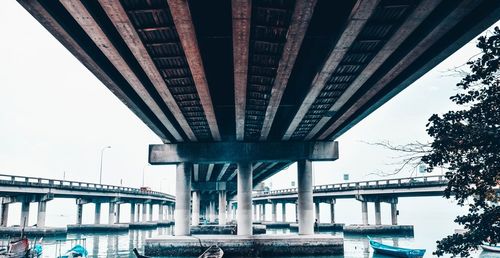 Low angle view of elevated footbridge over river in city