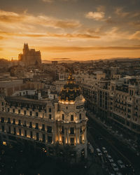 High angle view of buildings in city during sunset