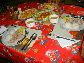 High angle view of meal served on table