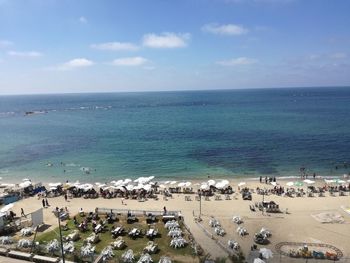 High angle view of beach against blue sky