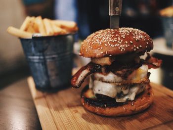 Close-up of burger on table