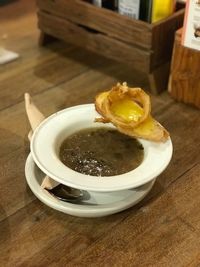 High angle view of bread in bowl on table